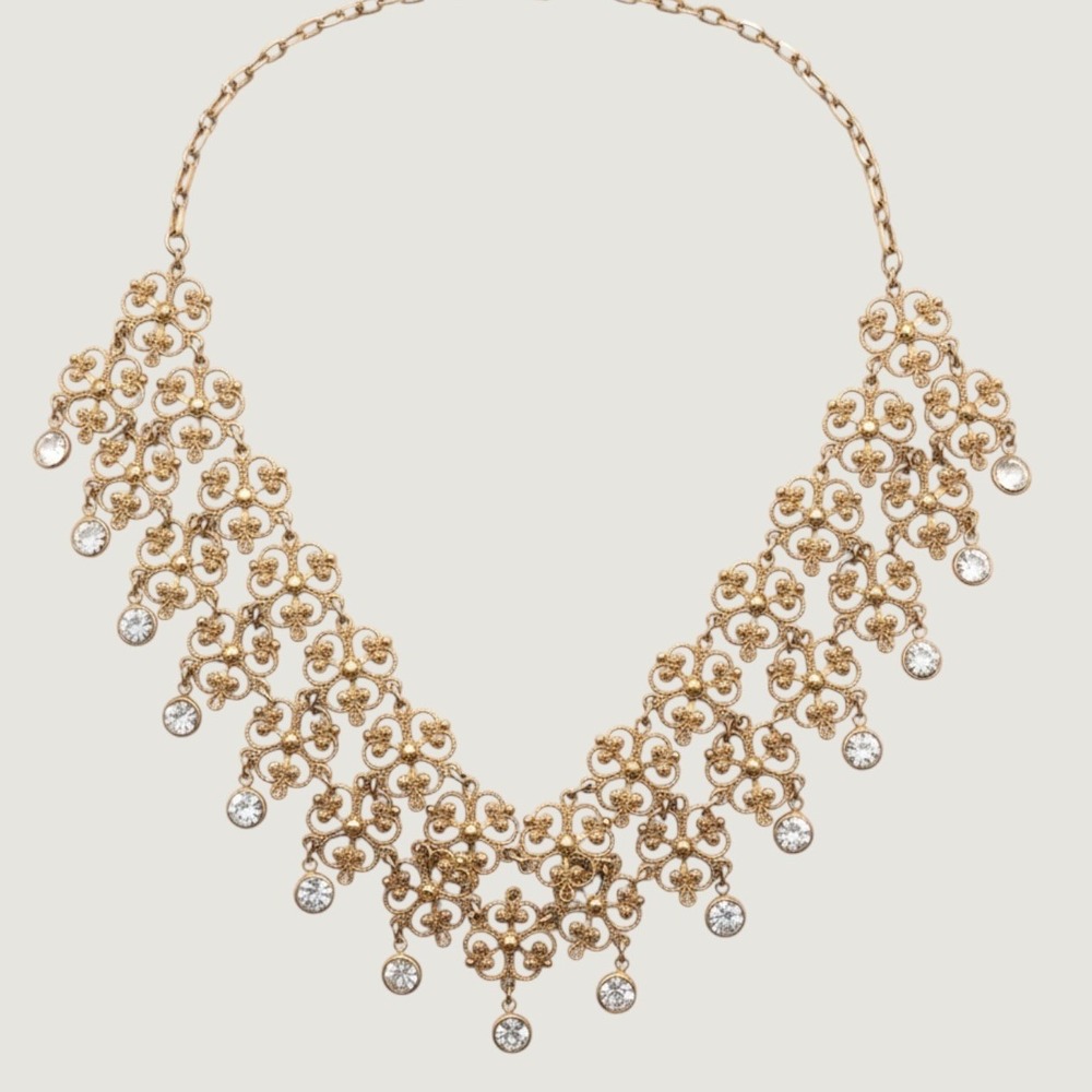 Vintage Filigree Bib Necklace Crystal Dangle Floral Bridgerton Antique Style